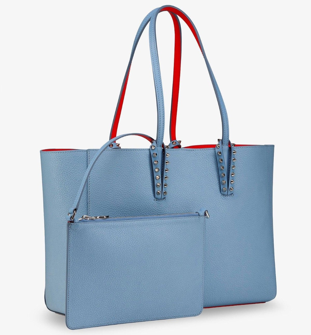 Christian Louboutin Cabata Small Tote Ceruleo Blue Leather Spike Shoulder Bag